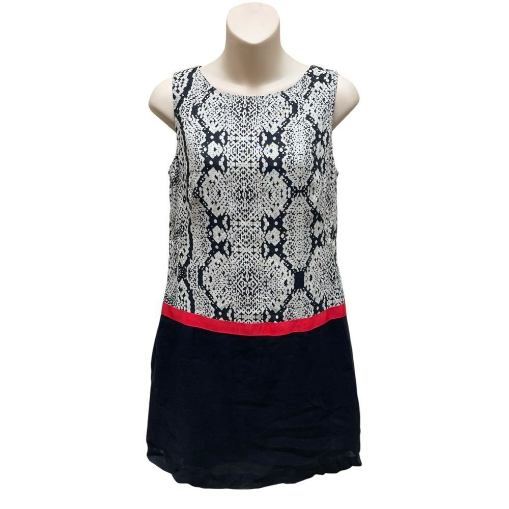 LOFT Linen Sleeveless Shift Dress Size 4 Black Ivory Pattern Summer Work
